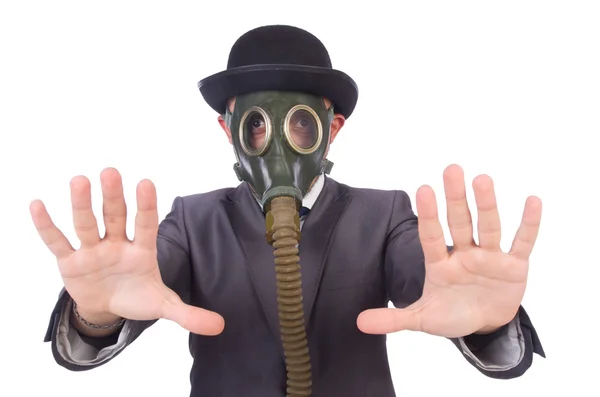 Businessman wearing gas mask isolated on white — Stock Photo, Image