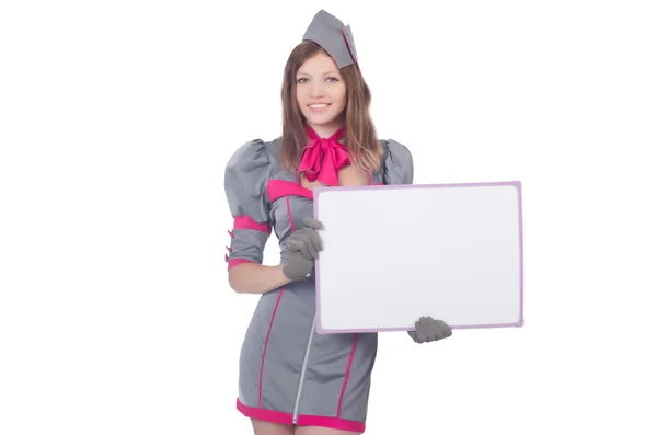 Young woman with blank board on white — Stock Photo, Image