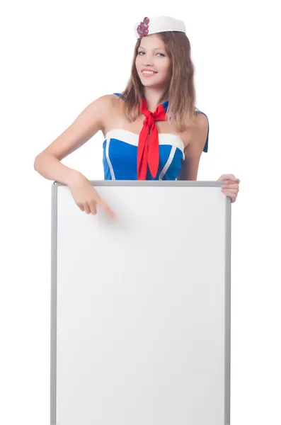 Young woman with blank board on white — Stock Photo, Image