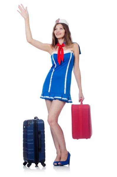 Woman travel attendant with suitcase on white — Stock Photo, Image