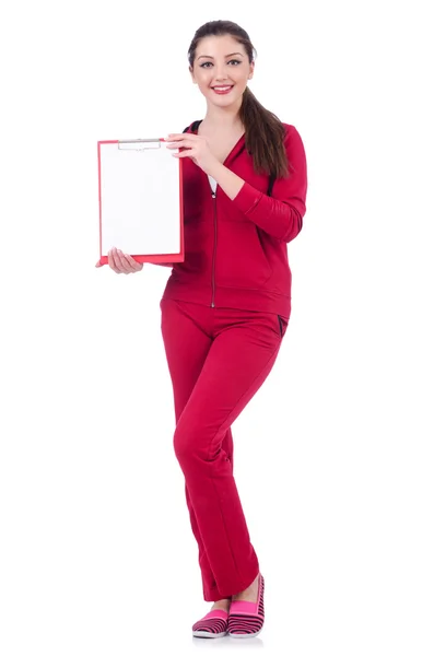 Young woman with notepad writing on white — Stock Photo, Image