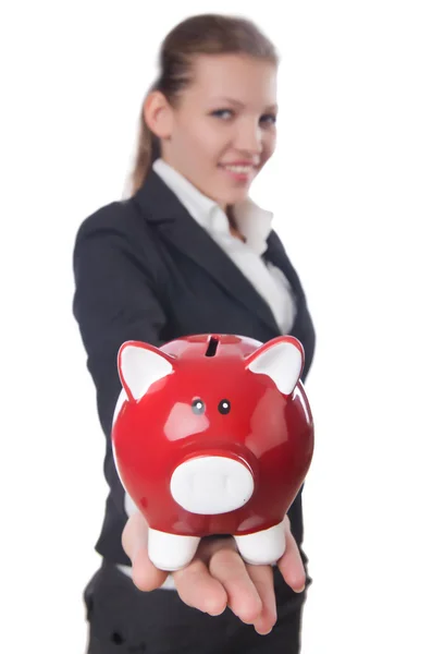 Mulher empresária com piggybank em branco — Fotografia de Stock