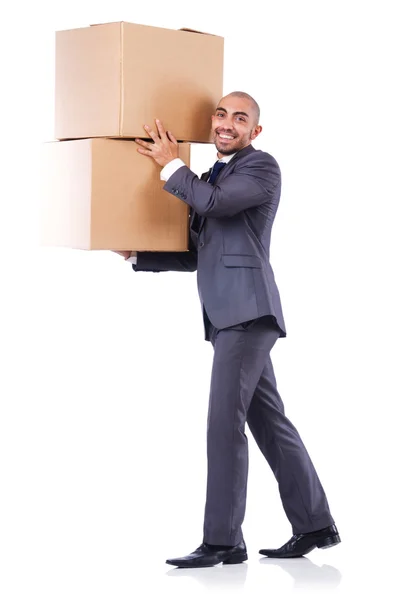Homme d'affaires avec boîte isolée sur le blanc — Photo