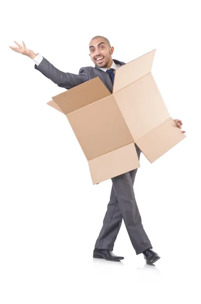 Empresário com caixa isolada no branco — Fotografia de Stock