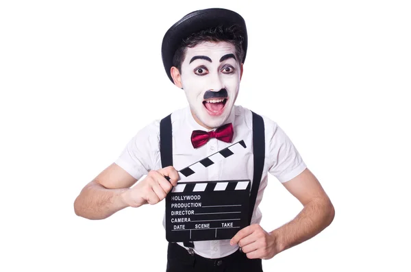 Hombre con película clapper aislado en blanco — Foto de Stock