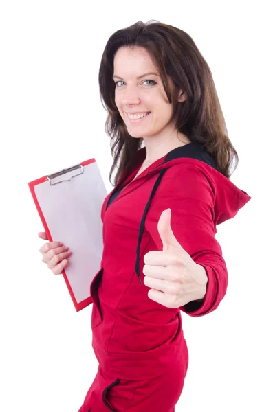 Jeune femme avec bloc-notes sur blanc — Photo