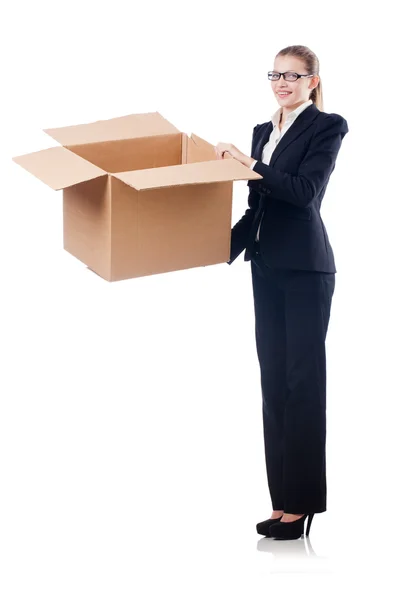 Woman businesswoman with boxes on white — Stock Photo, Image