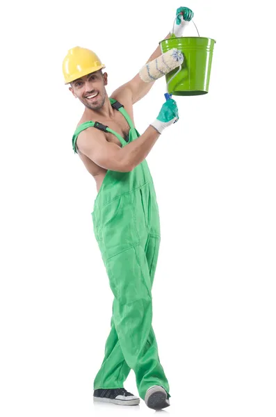 Maler in grünen Overalls auf weißem Grund — Stockfoto