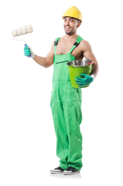 Painter in green coveralls on white — Stock Photo, Image