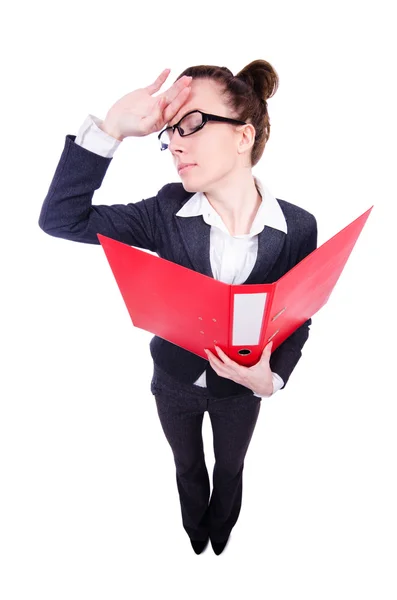 Lustige Geschäftsfrau mit roter Mappe auf weißem Hintergrund — Stockfoto