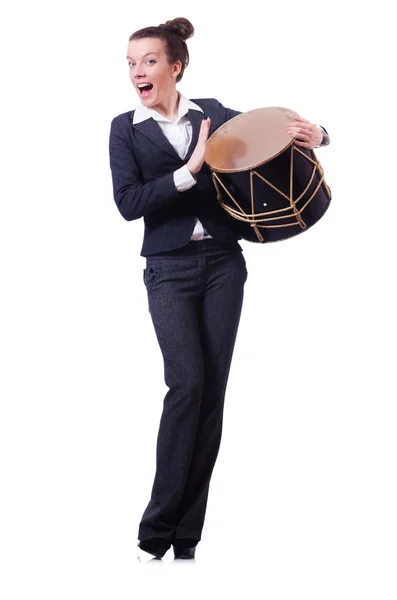 Funny businesswoman with drum isolated on white — Stock Photo, Image