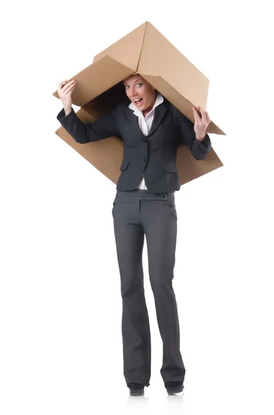 Woman businesswoman with boxes on white — Stock Photo, Image