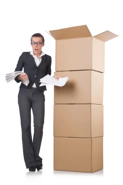 Woman businesswoman with boxes on white — Stock Photo, Image