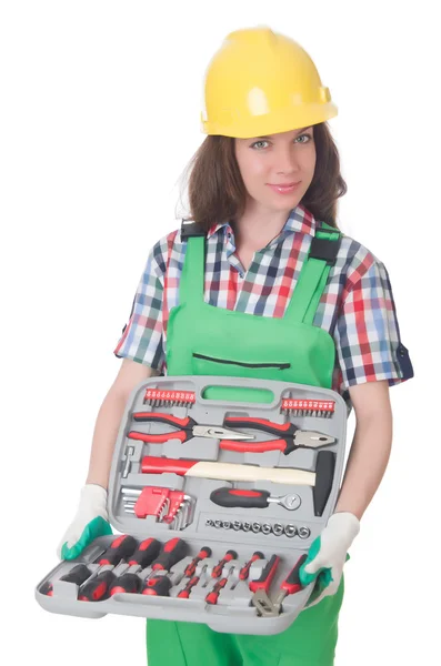 Young woman with toolkit on white — Stock Photo, Image