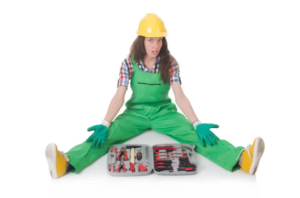 Young woman with toolkit on white — Stock Photo, Image