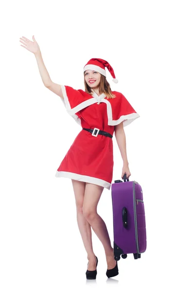 Beyaz üzerine kırmızı Noel Baba kostümü giymiş genç bir kadın. — Stok fotoğraf