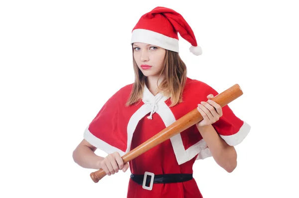 Jovem mulher no vermelho santa traje no branco — Fotografia de Stock