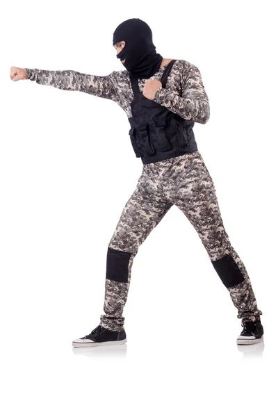 Voják v maskáčích izolovaných na bílém — Stock fotografie