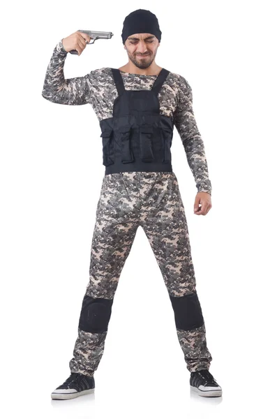 Солдат в камуфляже с пистолетом на белом — стоковое фото