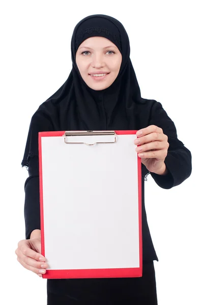 Woman with blank page on white — Stock Photo, Image