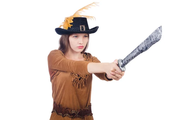 Жінка-пірат з ножем ізольовано на білому — стокове фото