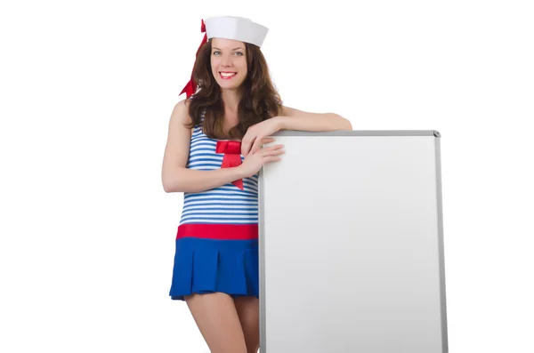 Young woman with blank board on white — Stock Photo, Image