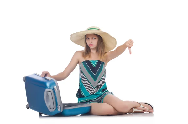 Kobieta z suitacases przygotowania do letnich wakacji — Zdjęcie stockowe