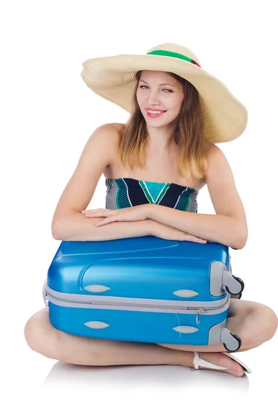 Žena s suitacases příprava na letní dovolenou — Stock fotografie