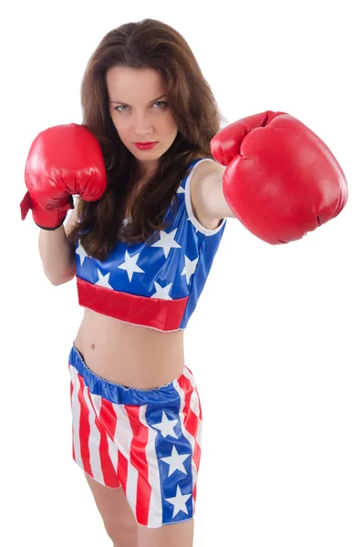 Vrouw bokser in uniform met Amerikaanse symbolen — Stockfoto