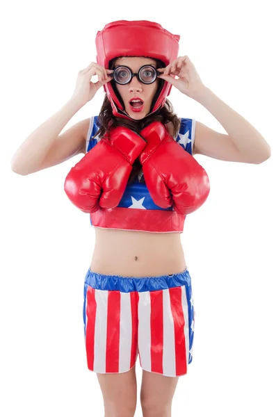 Boxeador femenino divertido aislado en blanco — Foto de Stock