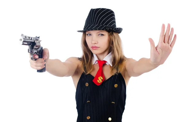 Frau mit Waffe isoliert auf Weiß — Stockfoto