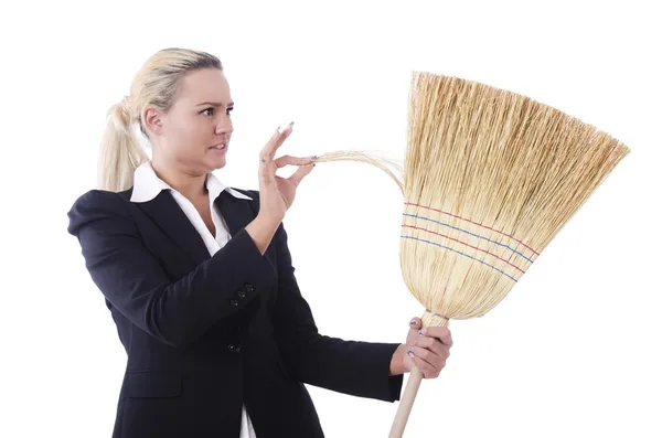 Femme d'affaires avec brosse isolée sur blanc — Photo