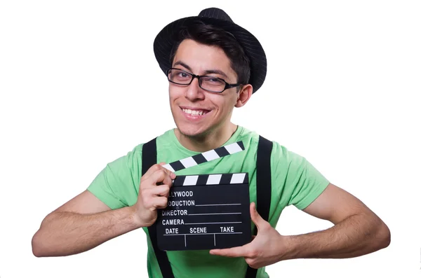 Hombre divertido con el tablero de la película — Foto de Stock