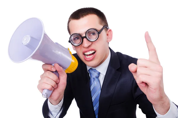 Hombre divertido con altavoz en blanco — Foto de Stock