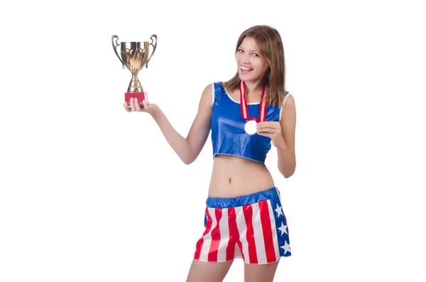 Boxeador de mujer en uniforme con símbolos de EE.UU. — Foto de Stock