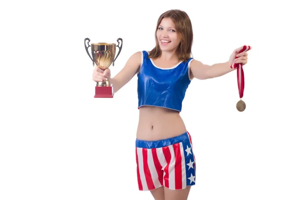 Žena boxer v uniformě se symboly USA — Stock fotografie