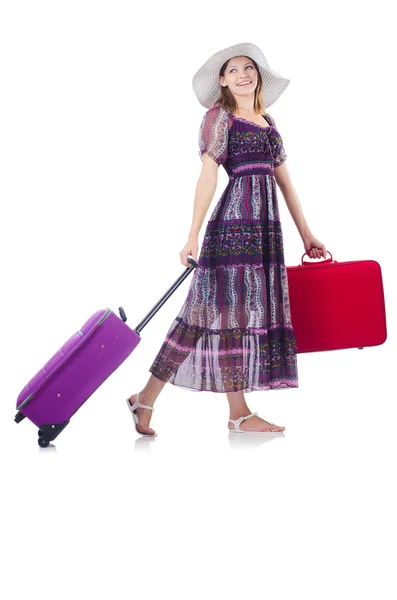 Donna con suitacasi che si prepara per le vacanze estive — Foto Stock