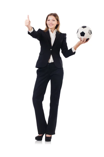 Businesswoman with football on white — Stock Photo, Image