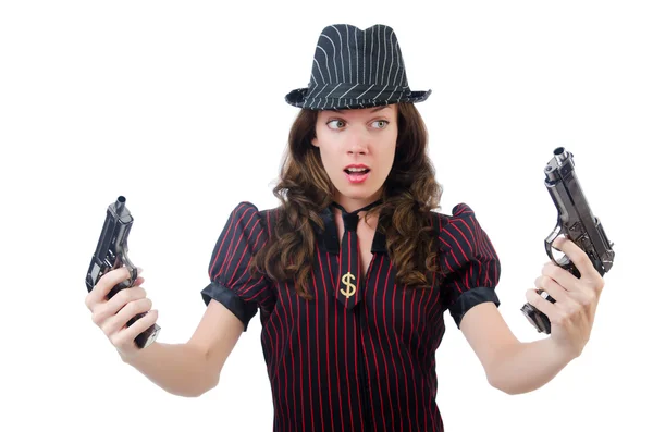 Mujer joven gangster con arma de fuego en blanco —  Fotos de Stock