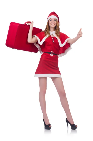 Giovane donna in costume da Babbo Natale rosso su bianco — Foto Stock