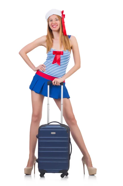 Woman travel attendant with suitcase on white — Stock Photo, Image