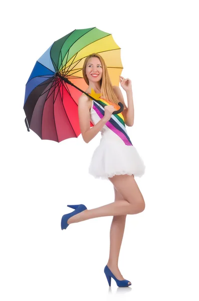 Mulher com guarda-chuva isolado no branco — Fotografia de Stock