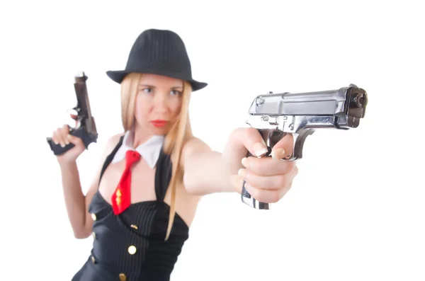 Frau mit Waffe isoliert auf Weiß — Stockfoto