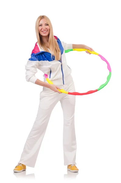 Young woman with hula hoop on white — Stock Photo, Image