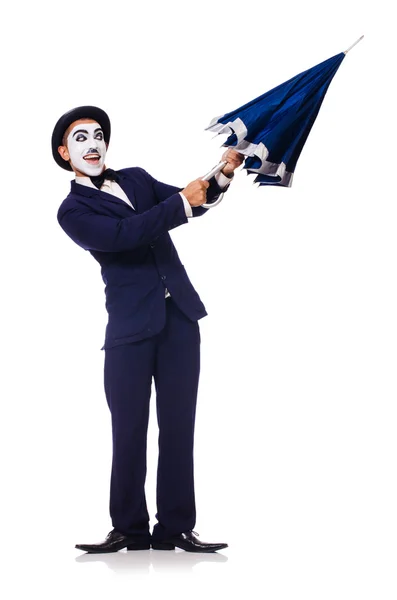 Vtipný muž s deštníkem na bílém — Stock fotografie