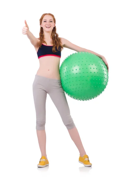 Mujer haciendo ejercicio con pelota suiza sobre blanco — Foto de Stock