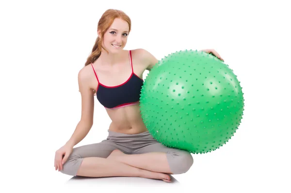 Woman exercising with swiss ball on white — Stock Photo, Image