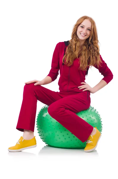 Woman exercising with swiss ball on white — Stock Photo, Image