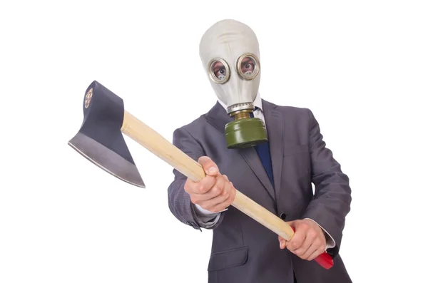 Businessman wearing gas mask isolated on white — Stock Photo, Image