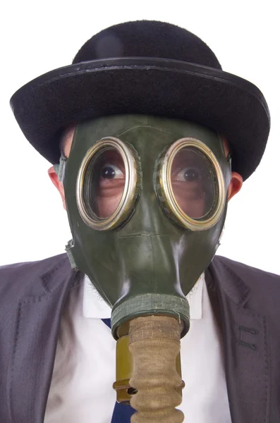 Businessman wearing gas mask isolated on white — Stock Photo, Image